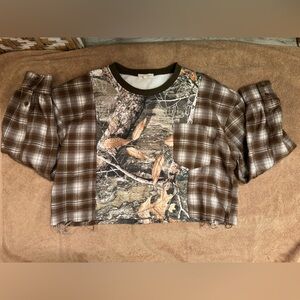 Gilded Intent camo and flannel raw hem top